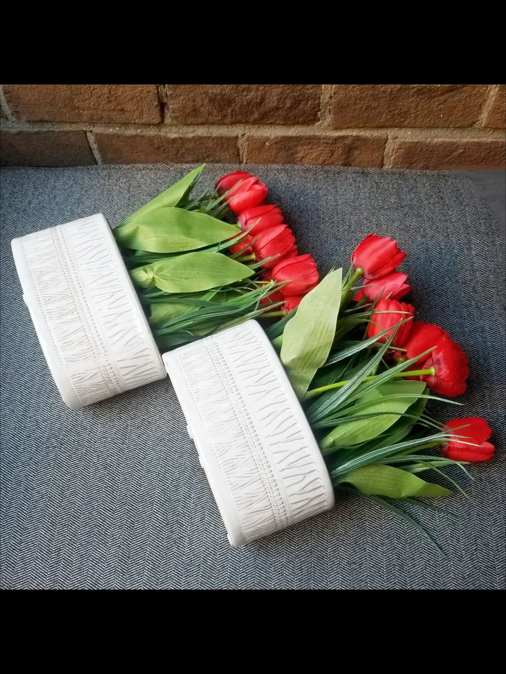 Red Tulips Artificial Arrangement in White Glazed Ceramic Planter